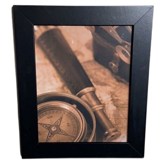 Vintage NAUTICAL BRASS SPY GLASS, MAPS AND COMPASS PRINT framed with glass face - Picture 1 of 14
